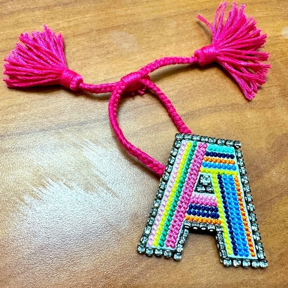 Pink Beaded Bracelet with Letter A in Geometric Pattern and Tassel - Picture 3 of 4